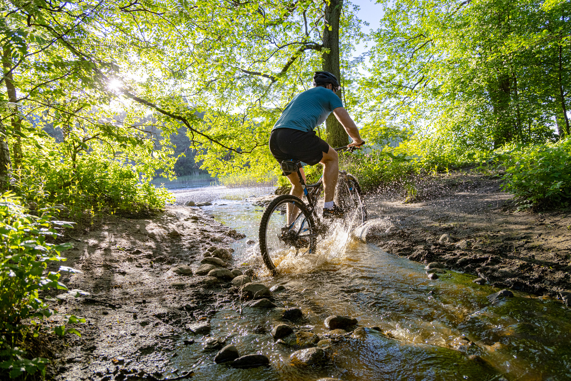 En man cyklar över en bäck i skogen.