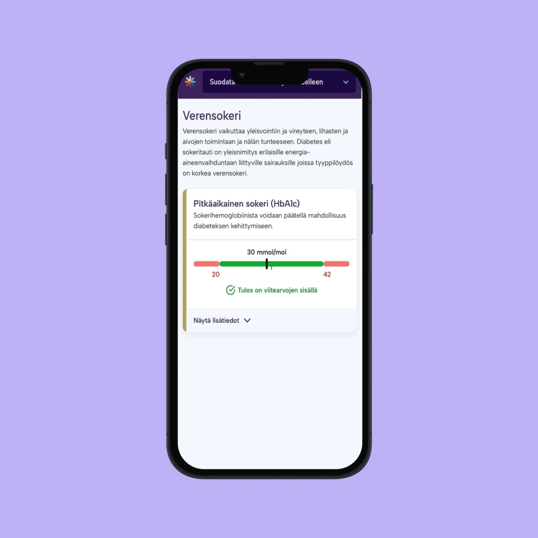 Ote OmaPuhdin raporttinäkymästä, jossa esitetään verensokerin arvoja viitearvoihin nähden.